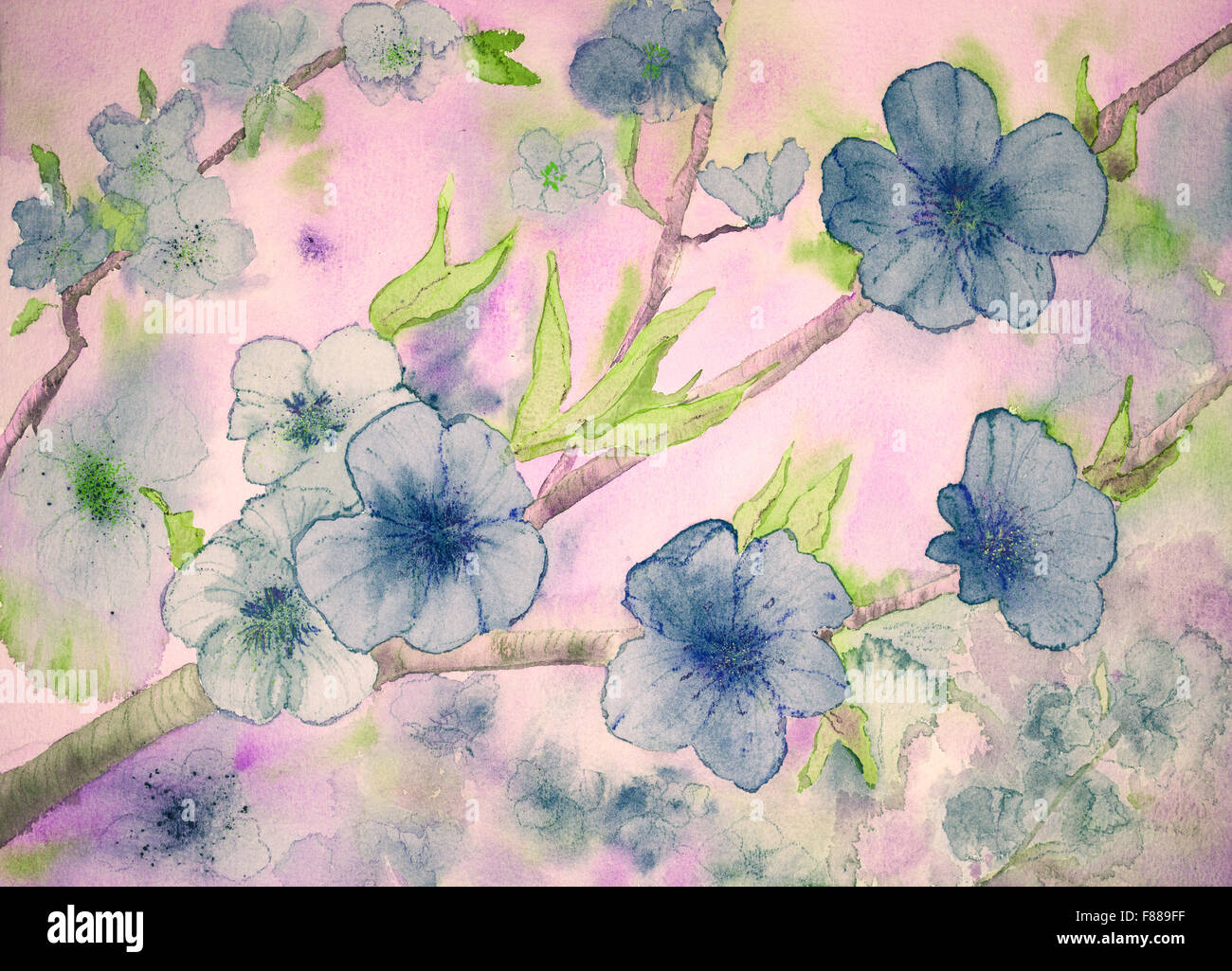 Fantasy of blue flowers against a pinkish background. The dabbing technique gives a soft focus effect due to the altered surface Stock Photo