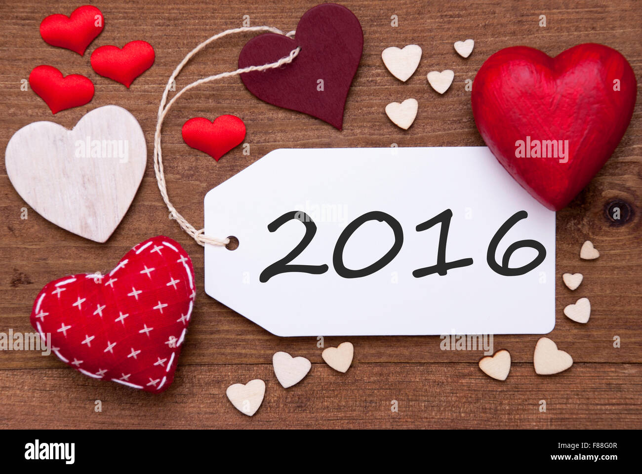Label With Red Hearts And Text 2016 Stock Photo - Alamy