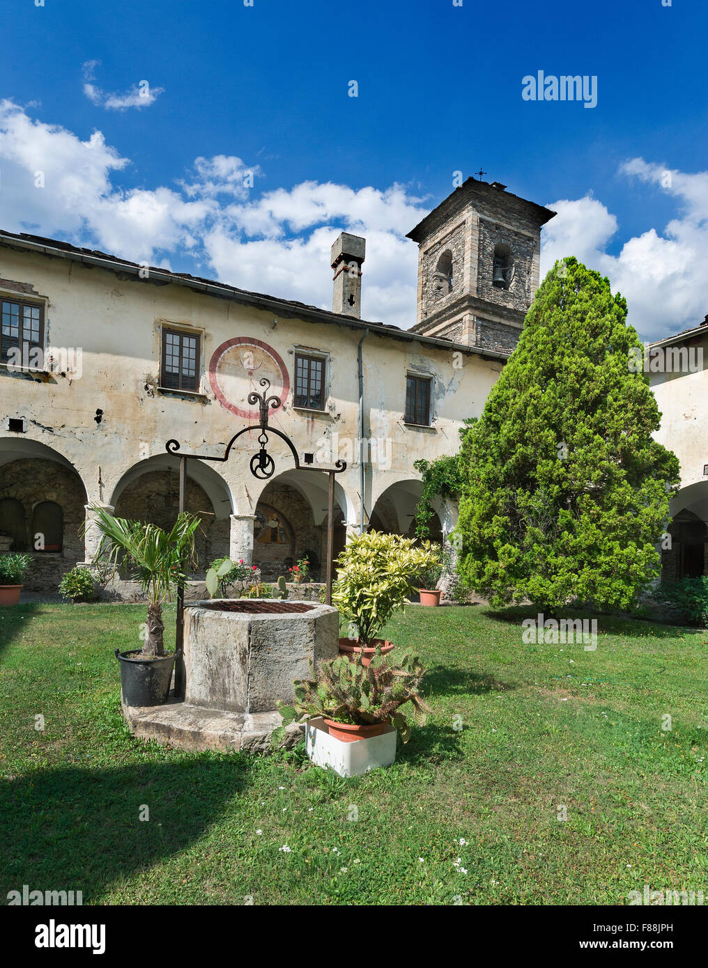 Italy, Piedmont, Turin district, Novalesa, the cloister of the medieval Abbey Stock Photo
