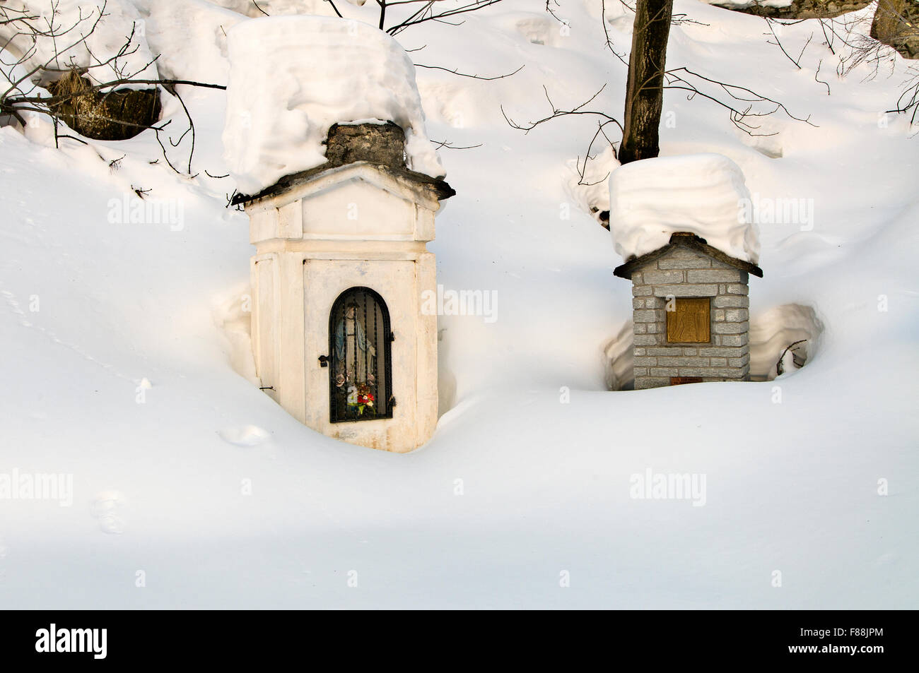 Italy, Piedmont, Forno Alpi Graie. Details of the sanctuary of Our Lady of  Loreto in winter Stock Photo - Alamy