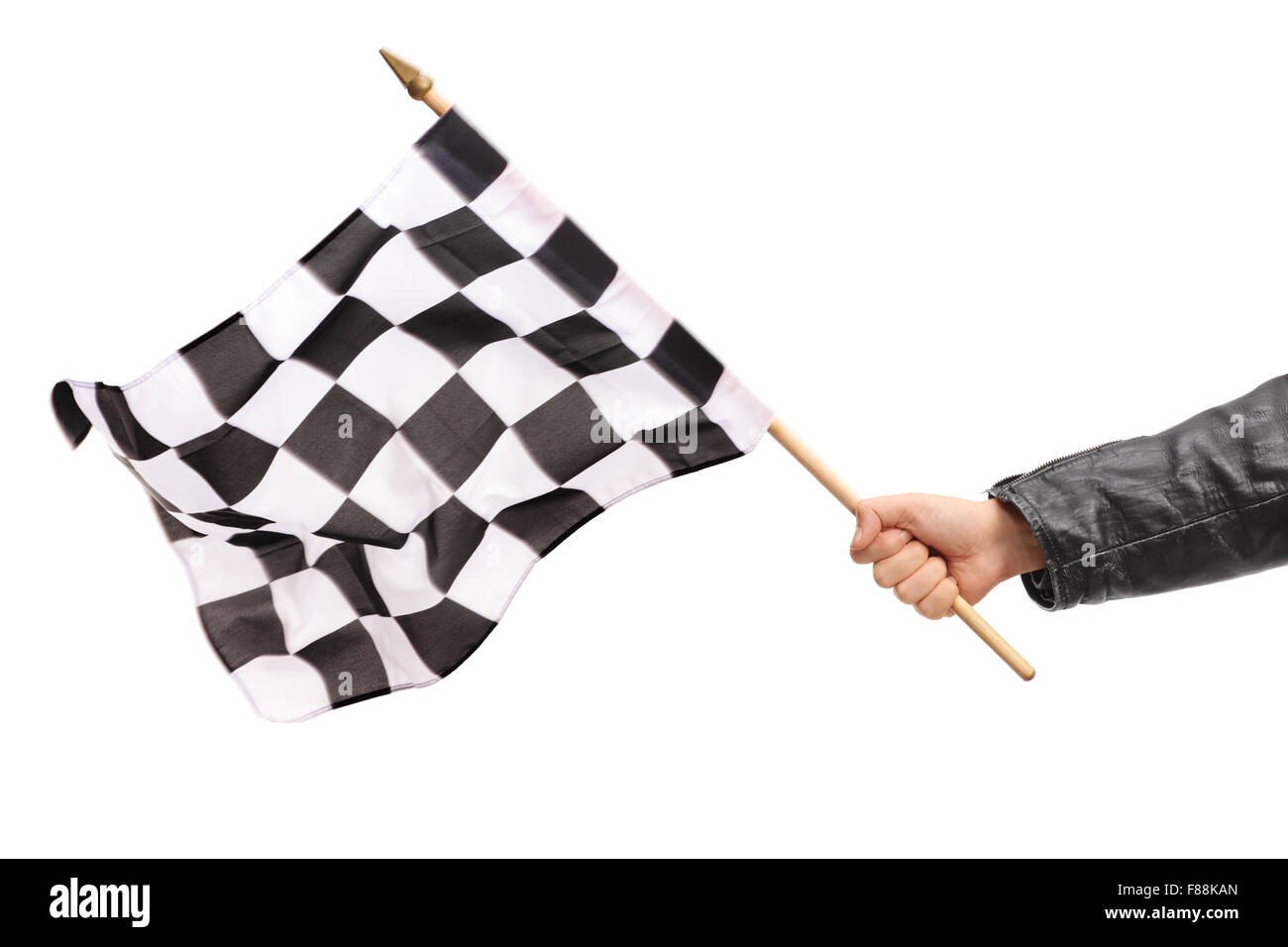 Studio shot of a male hand waving a checkered race flag isolated on white background Stock Photo