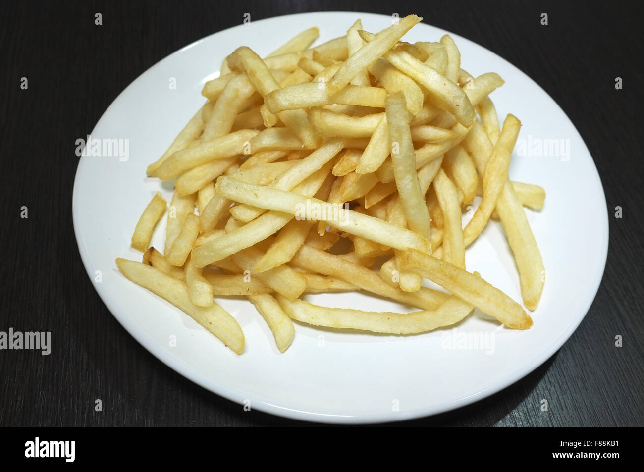 Heap of fried potato chip sticks on white dish Stock Photo Alamy