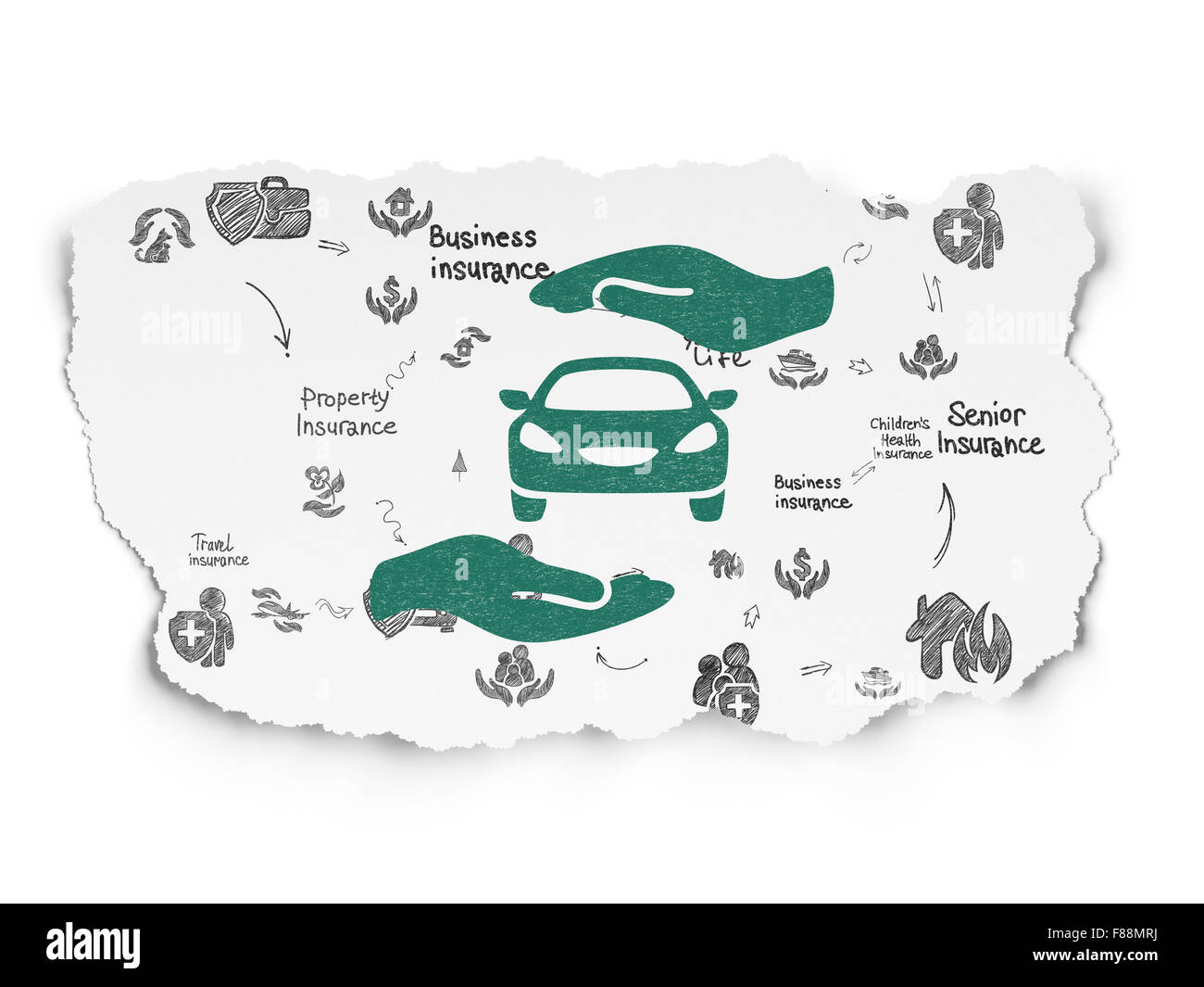 Insurance concept: Car And Palm on Torn Paper background Stock Photo ...