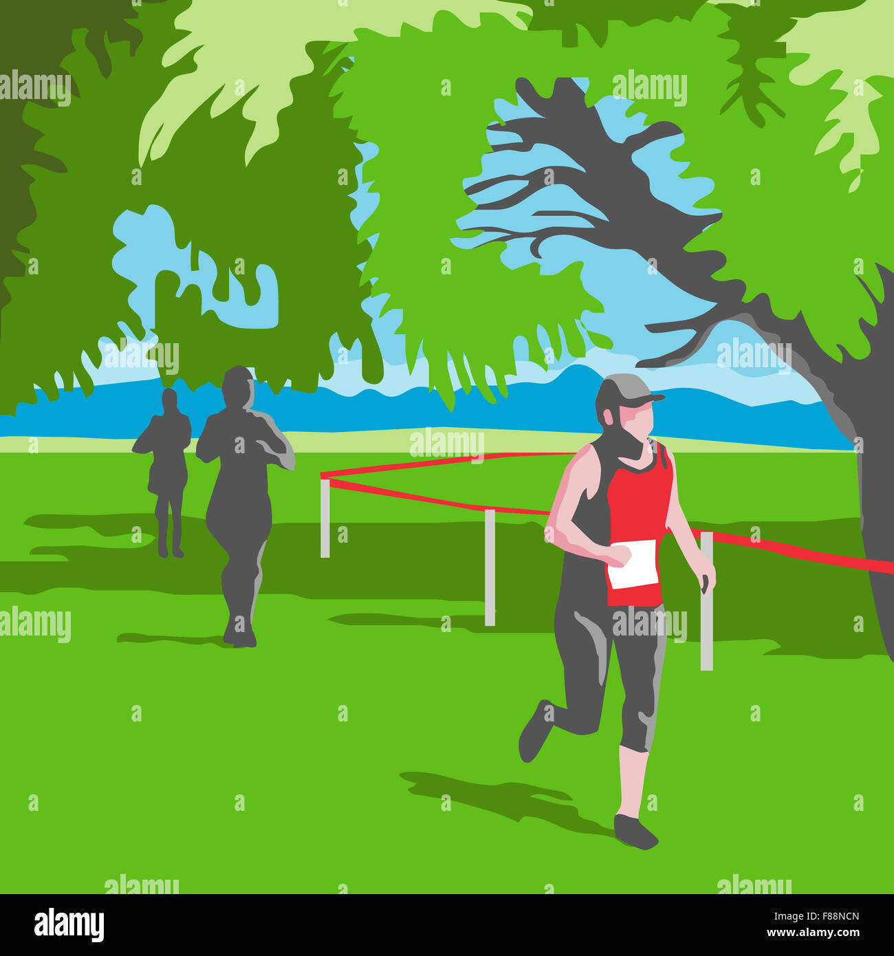 WPA style illustration of a marathon runner running with trees and other runners in the background done in retro style. Stock Photo