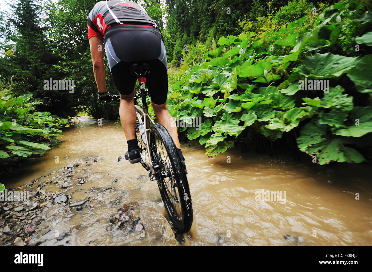 young man drive mountain bike over water river Stock Photo Alamy