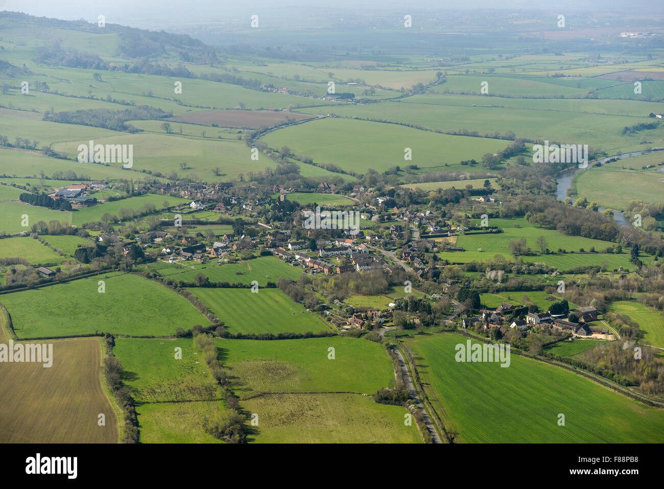 An aerial view of the Worcestershire village of Great Comberton and surrounding countryside Stock Photo