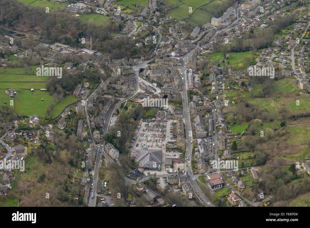 An aerial view of the West Yorkshire village of Holmfirth, famous as the filming location for Last of the Summer Wine Stock Photo