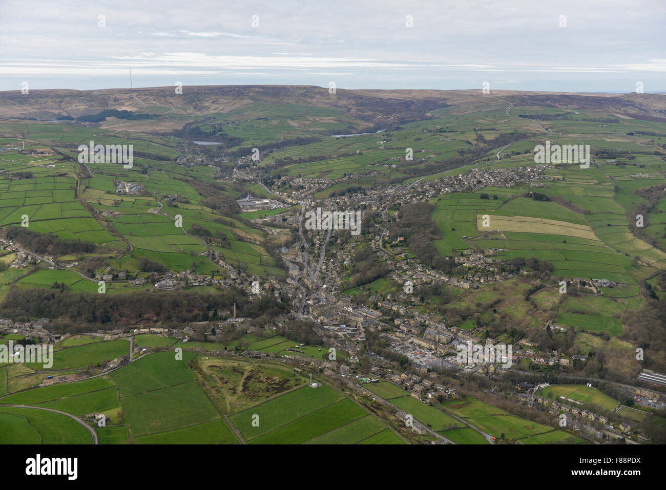 An aerial view of the West Yorkshire village of Holmfirth, famous as the filming location for Last of the Summer Wine Stock Photo