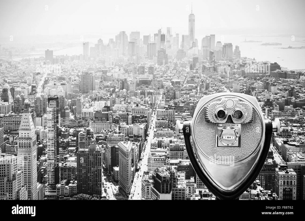 Binoculars over Manhattan Skyline, New York City, USA. Stock Photo