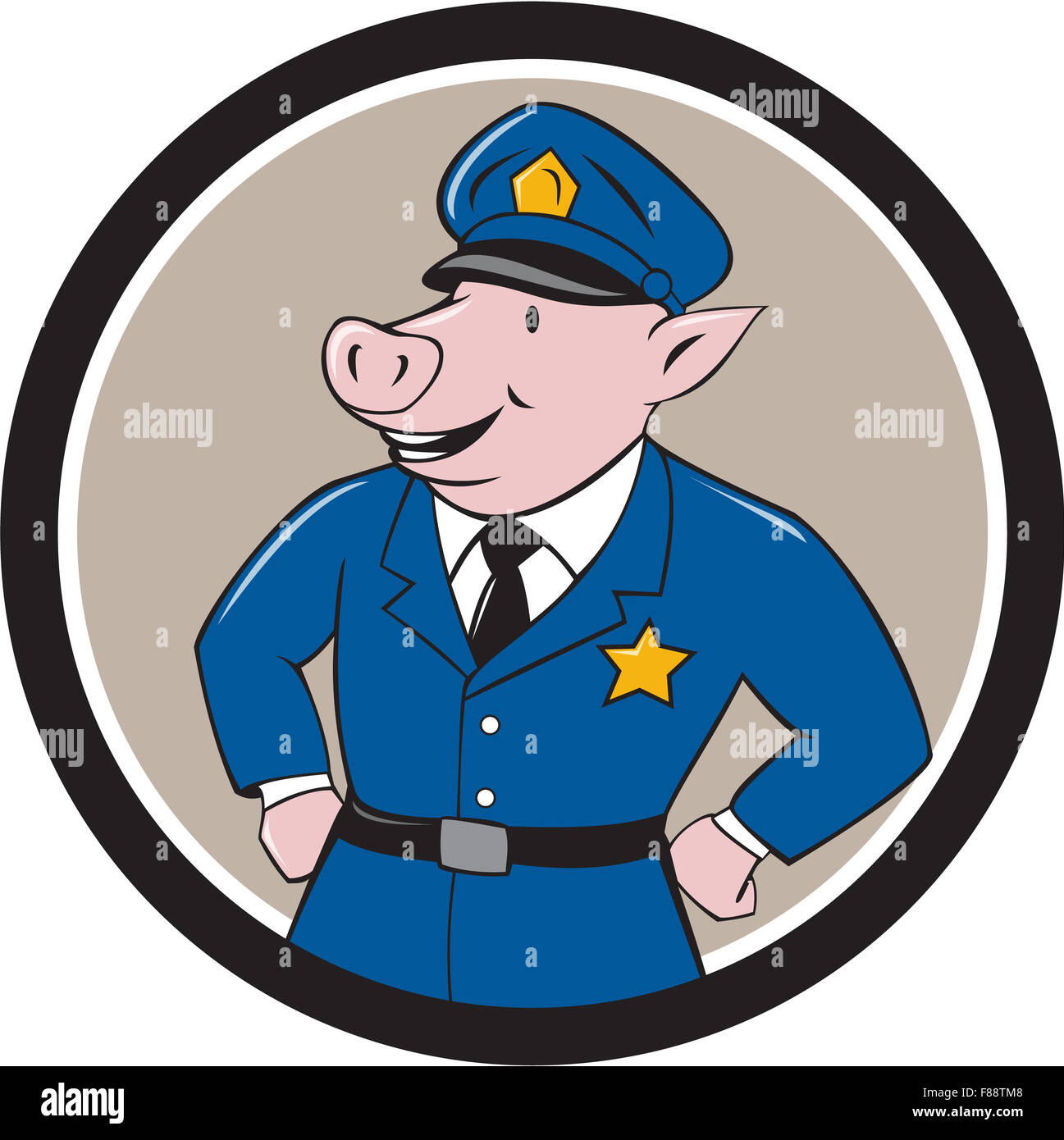 Illustration of a pig policeman police officer sheriff with hands on hips  looking to the side viewed from front set inside circle on isolated  background done in cartoon style Stock Photo -