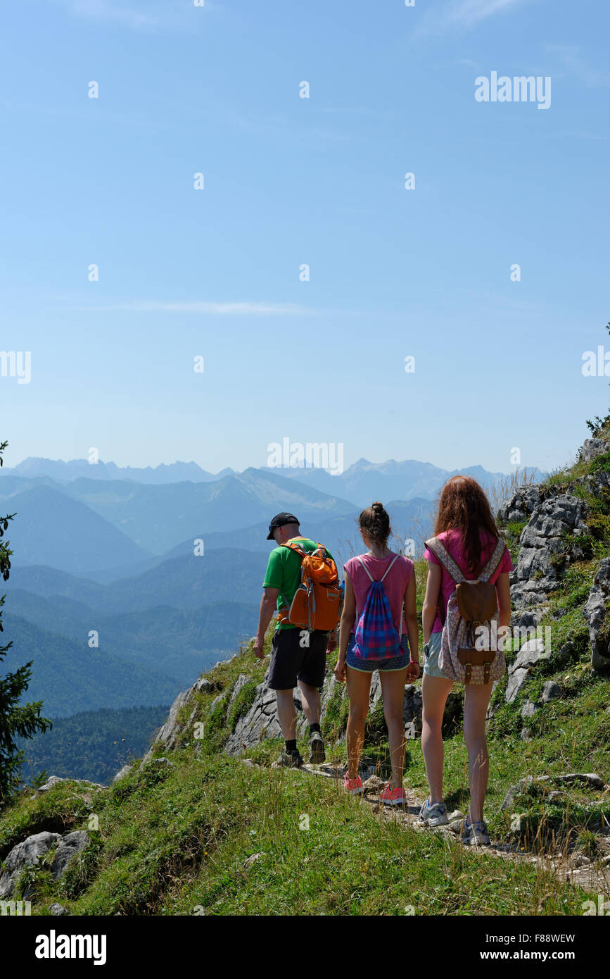 Father with two girls, teens, children mountaineering, Brauneck in Lenggries, Isarwinkel, Upper Bavaria, Bavaria, Germany Stock Photo