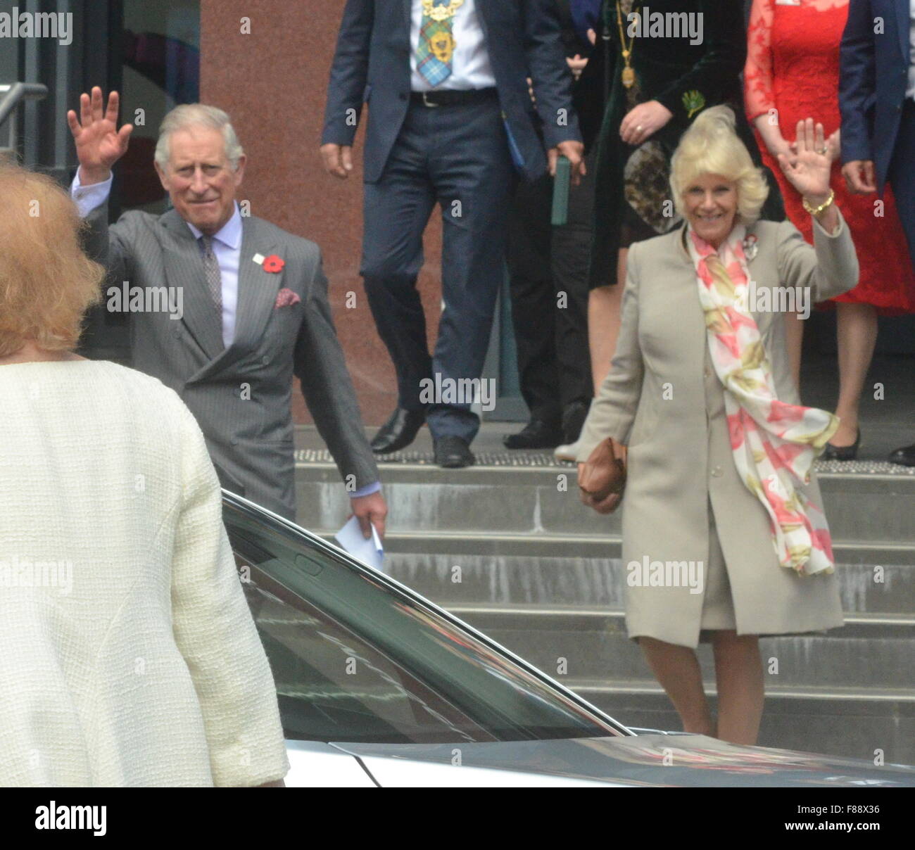 Prince Charles and Camilla, Duchess of Cornwall leaving the Toitū Otago Settlers Museum in New Zealand during their royal tour of the country.  Featuring: Prince Charles, Camilla, Duchess of Cornwall Where: New Zealand When: 05 Nov 2015 Stock Photo