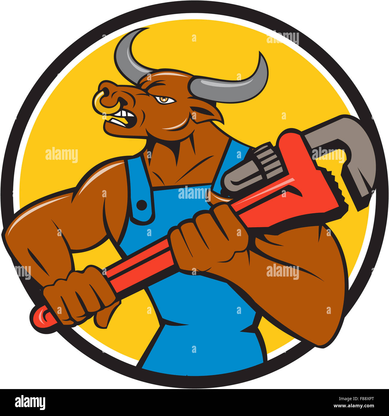 Illustration of a minotaur bull plumber in overalls holding adjustable