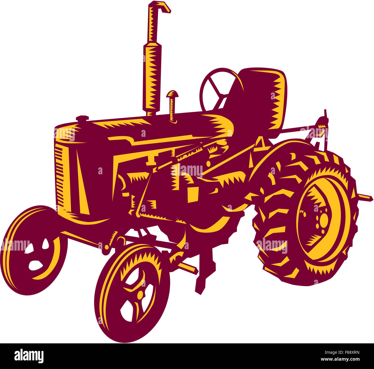 Illustration of a vintage farm tractor set on isolated white background done in retro woodcut style. Stock Photo