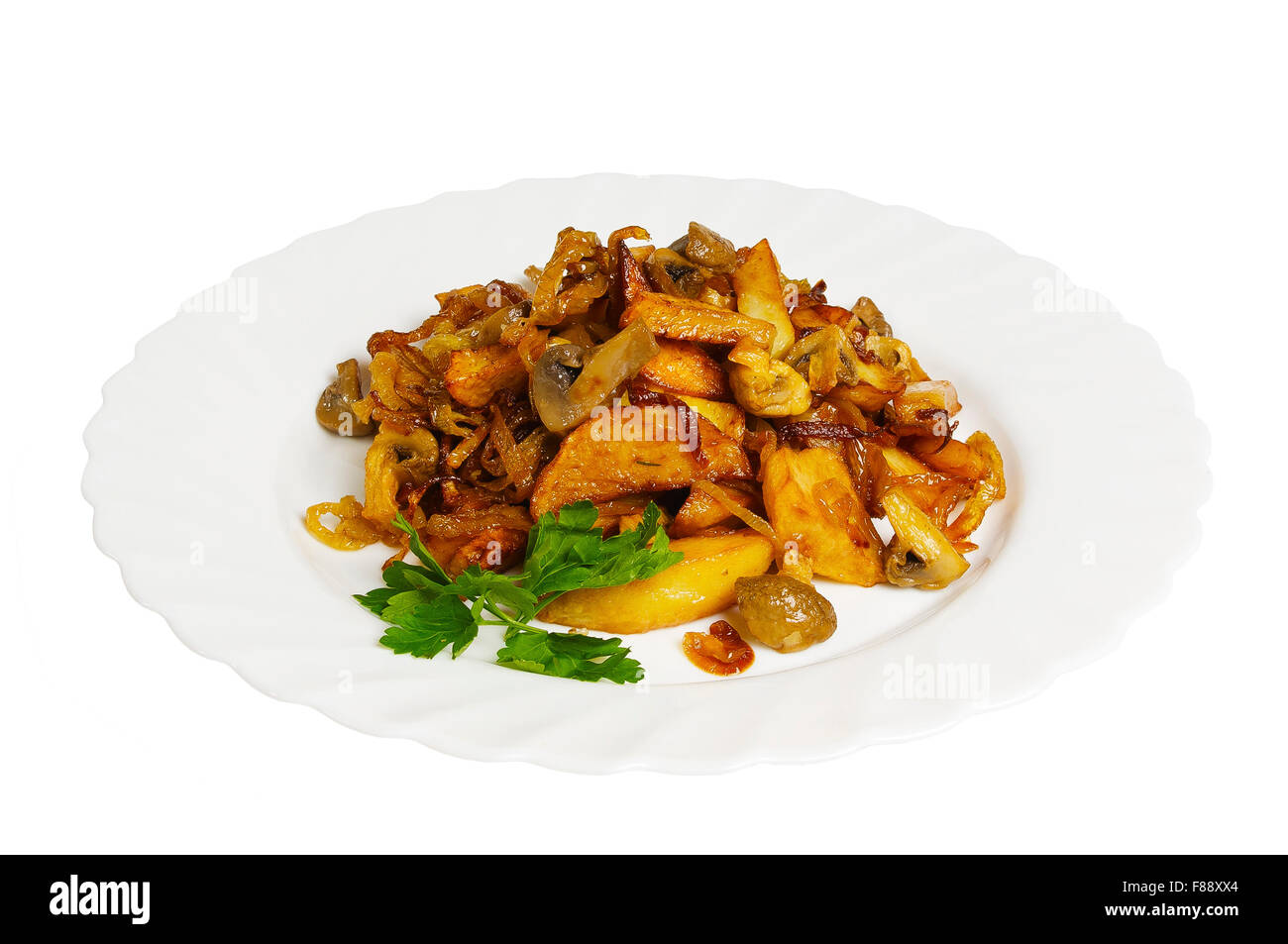 Potato, fried with mushrooms and onions on the plate, isolated on white