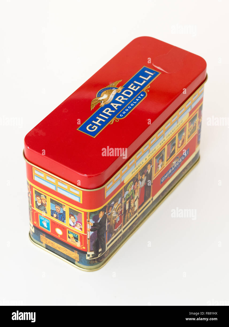 A collectible Powell & Hyde Streets cable car tin for chocolates from