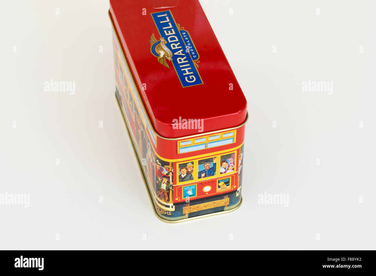 A collectible Powell & Hyde Streets cable car tin for chocolates from