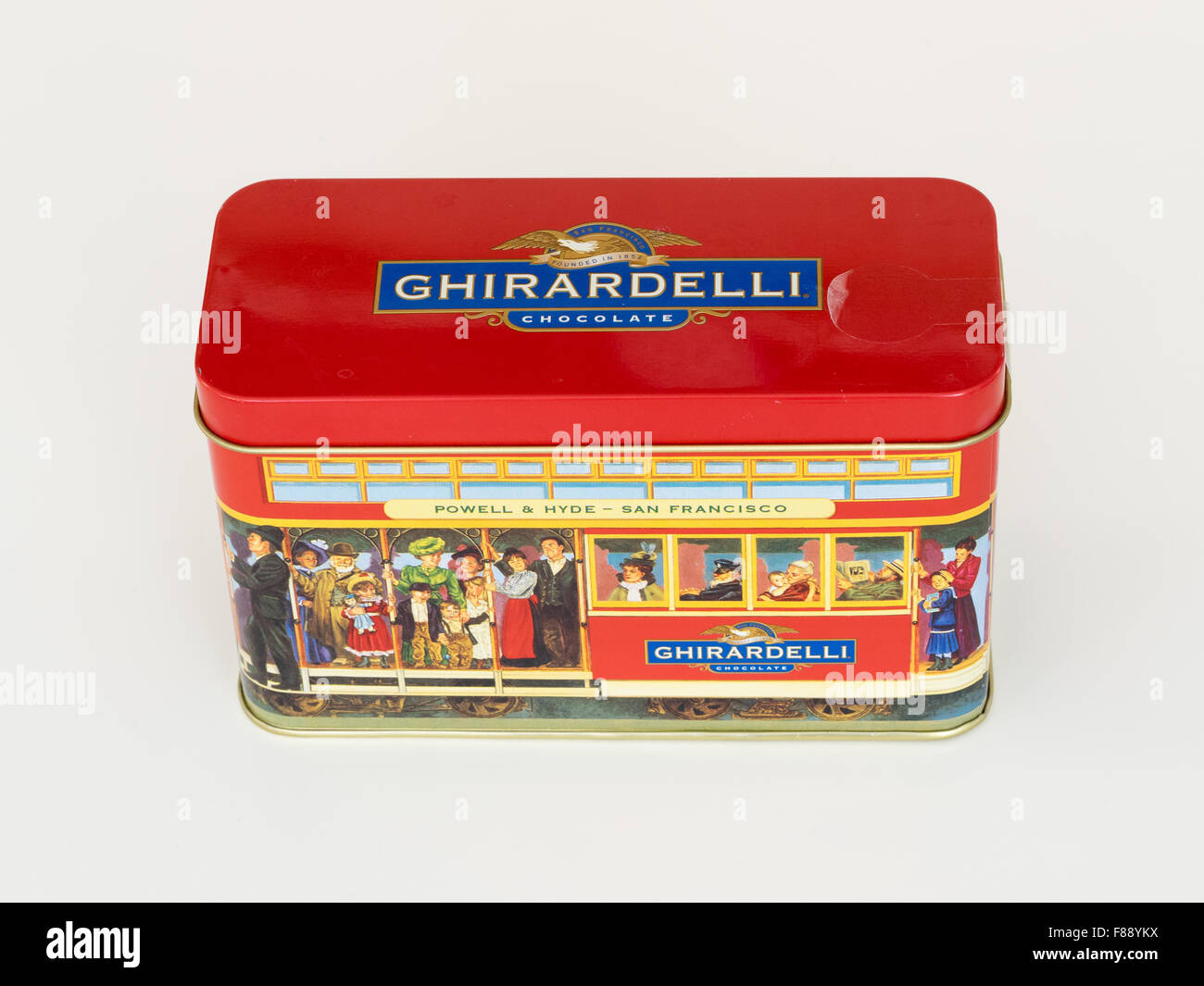A collectible Powell & Hyde Streets cable car tin for chocolates from