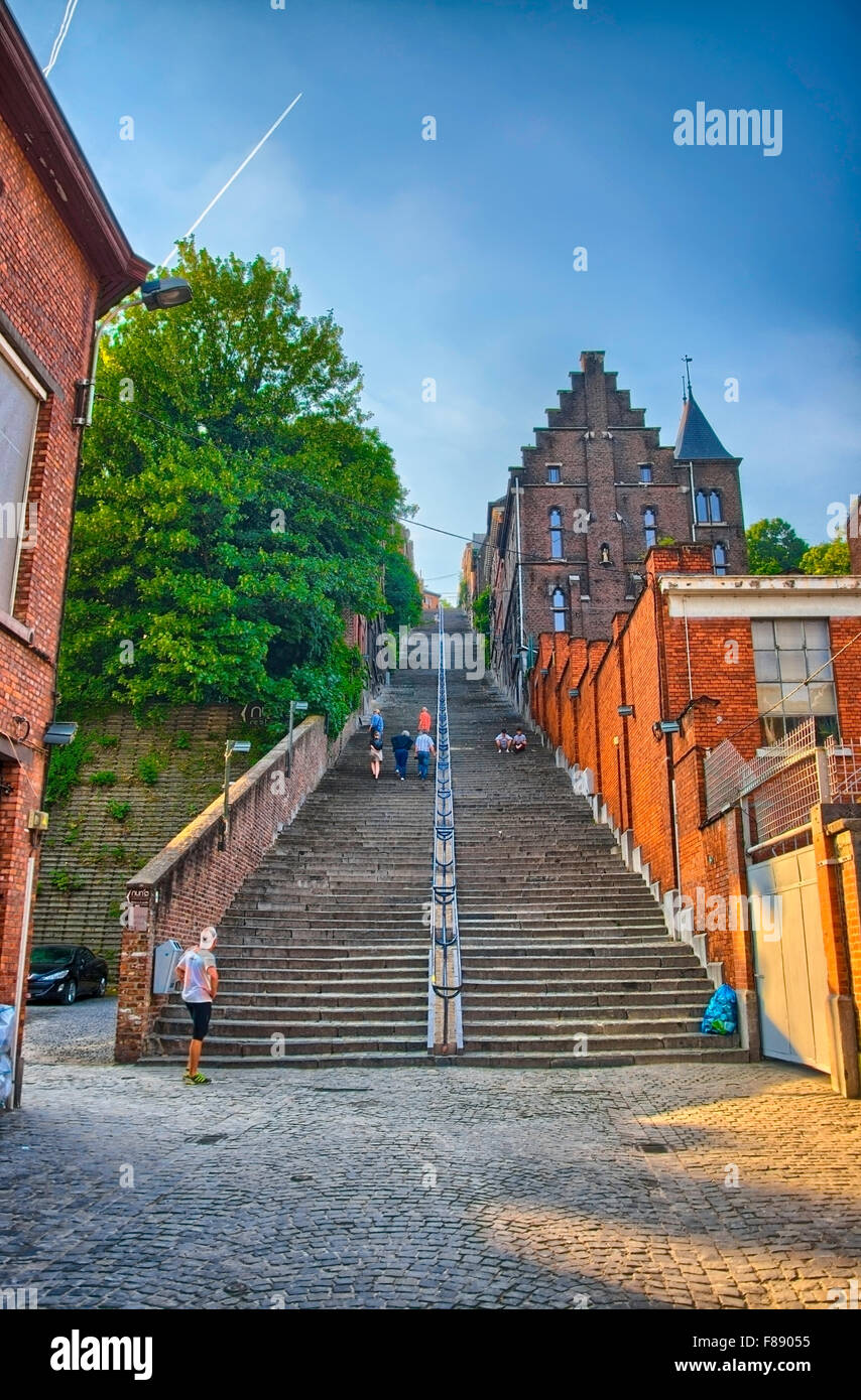 Montagne de beuren stairway with red brick houses in Liege, Belg Stock Photo