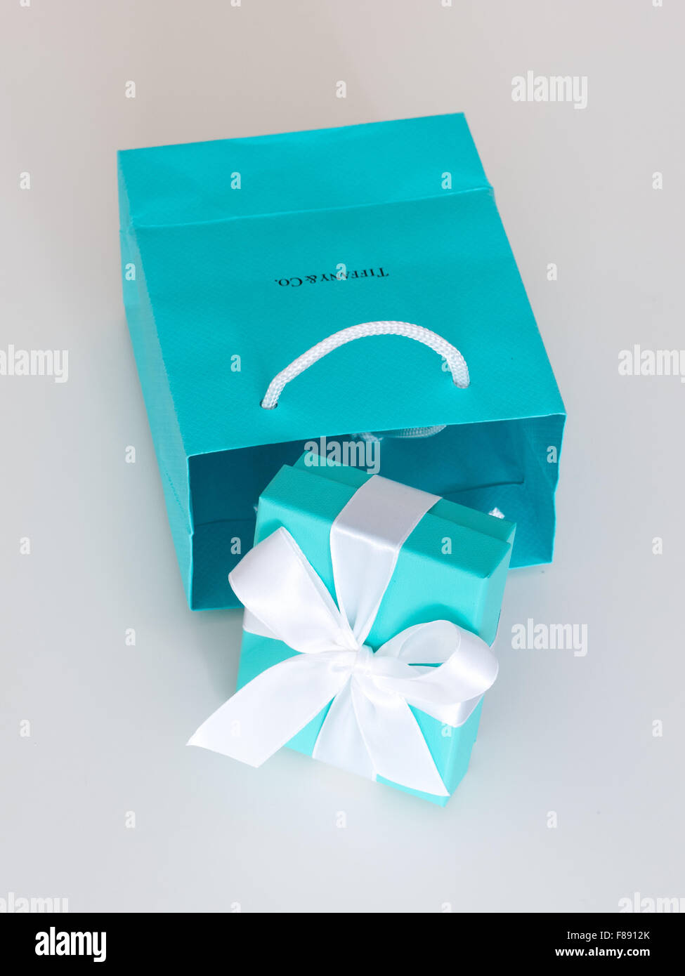 A Tiffany Blue Box (little blue box from Tiffany) from Tiffany & Co., the famous New York City jewelry company. Stock Photo