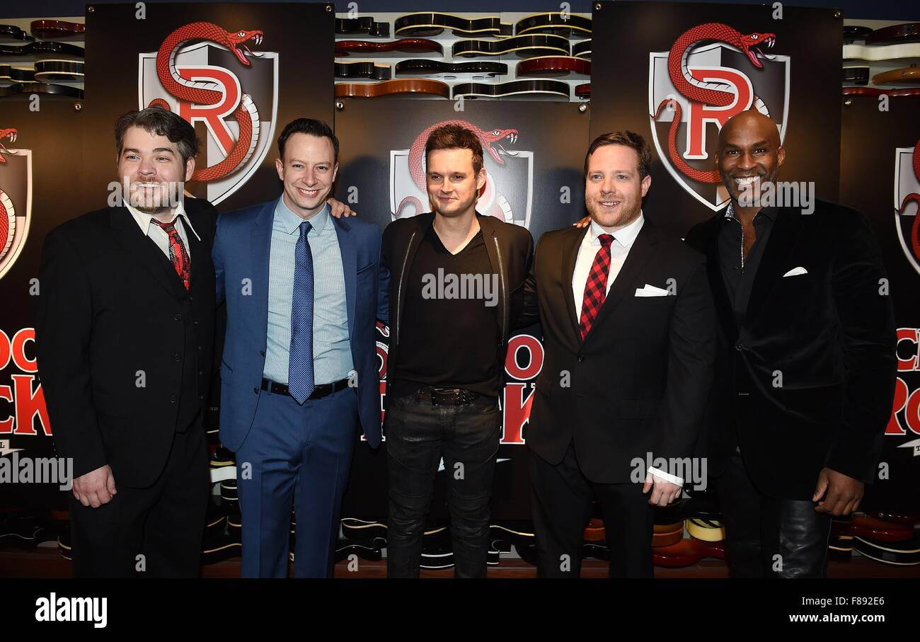 New York, NY, USA. 6th Dec, 2015. Jonathan Wagner, Tally Sessions, Jeremy Woodard, Michael Hartney, Alan H. Green at the after-party for SCHOOL OF ROCK Opening Night After Party, Hard Rock Cafe, New York, NY December 6, 2015. © Kayla Rice/Everett Collection/Alamy Live News Stock Photo