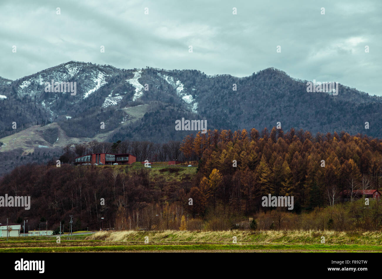 Beautiful countryside view along the road from Chitose Airport to Furano. Driving in Hokkaido is