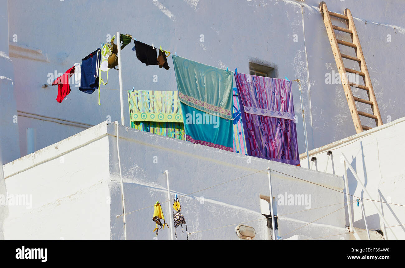 Washing drying and a ladder on terrace of apartment Ostuni Brindisi Province Apulia Puglia Italy Europe Stock Photo