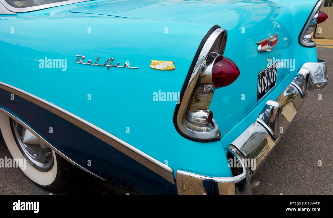 1956 Chevrolet Bel Air American car with typical fifties wings and styling with chrome and two tone blue paint Stock Photo