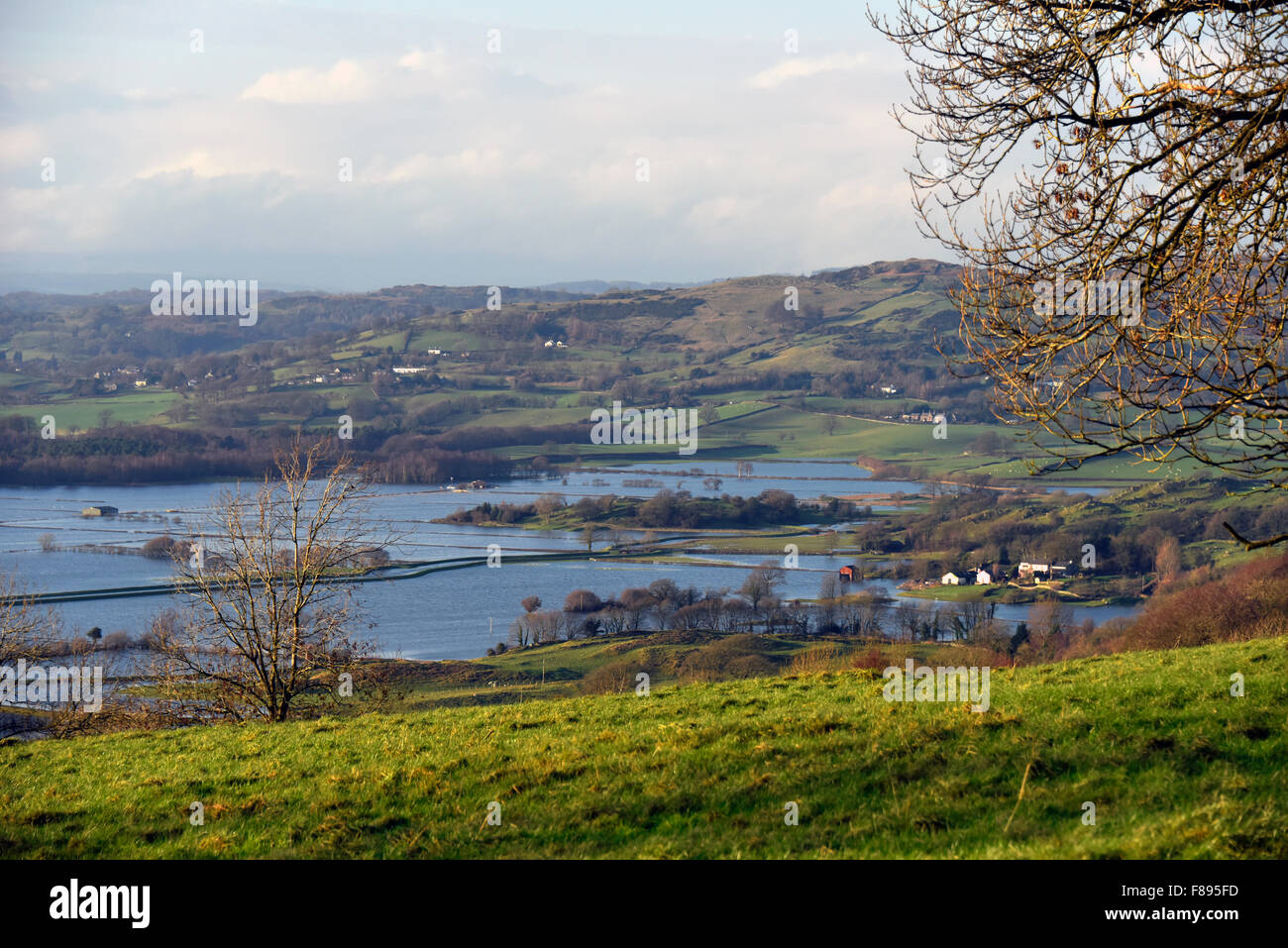 Kendal, Cumbria, UK. 07th Dec, 2015. Aftermath of Storm Desmond. Flooding in the Lyth Valley, near Kendal, Cumbria. This was the scene on Monday 7th.December, two days after the height of Storm Desmond on Saturday 5th.December. Credit:  Stan Pritchard/Alamy Live News Stock Photo