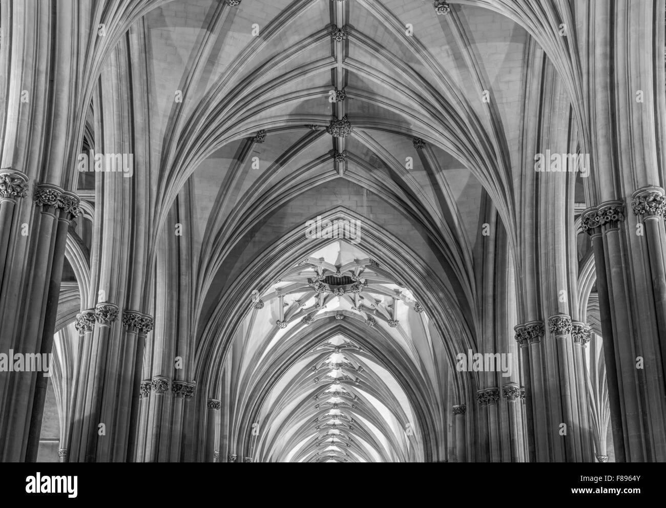 Black and white image of the vaulted ceiling in Bristol Cathedral. Stock Photo