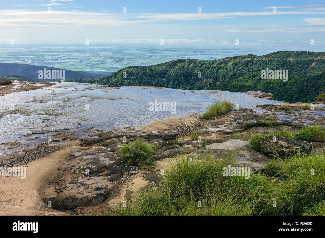 Seven Sisters waterfalls looking across the Khasi Hills towards Bangladesh at dawn near Cherrapunjee. Stock Photo
