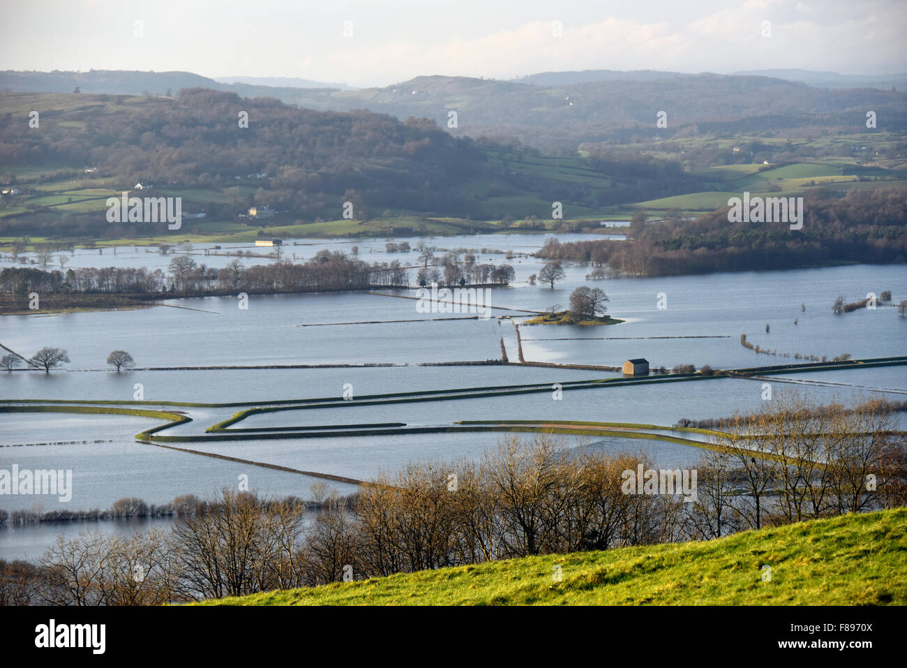Kendal, Cumbria, UK. 07th Dec, 2015. Aftermath of Storm Desmond. Flooding in the Lyth Valley, near Kendal, Cumbria. This was the scene on Monday 7th.December, two days after the height of Storm Desmond on Saturday 5th.December. Credit: Stan Pritchard/Alamy Live News Stock Photo