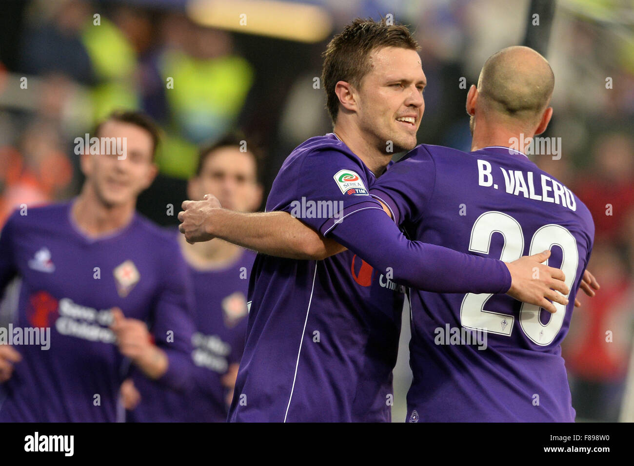 Florence, Italy. 6th December, 2015. Josip Ilicic of Fiorentina celebrates  scoring goal with teammate Borja Valero
