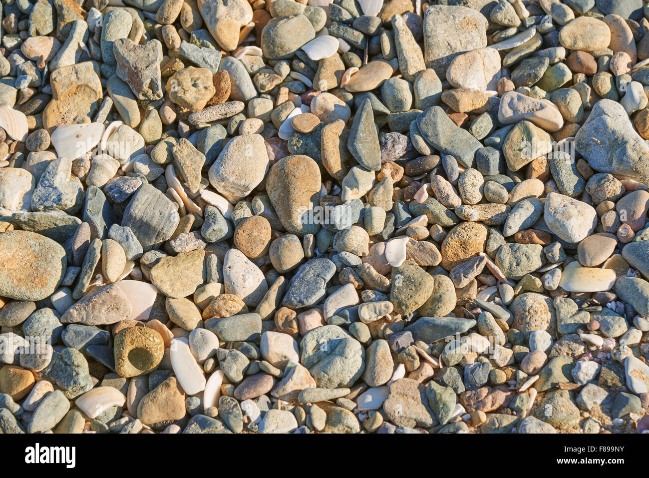 closeup of natural pebbles with warm light on a beach Stock Photo