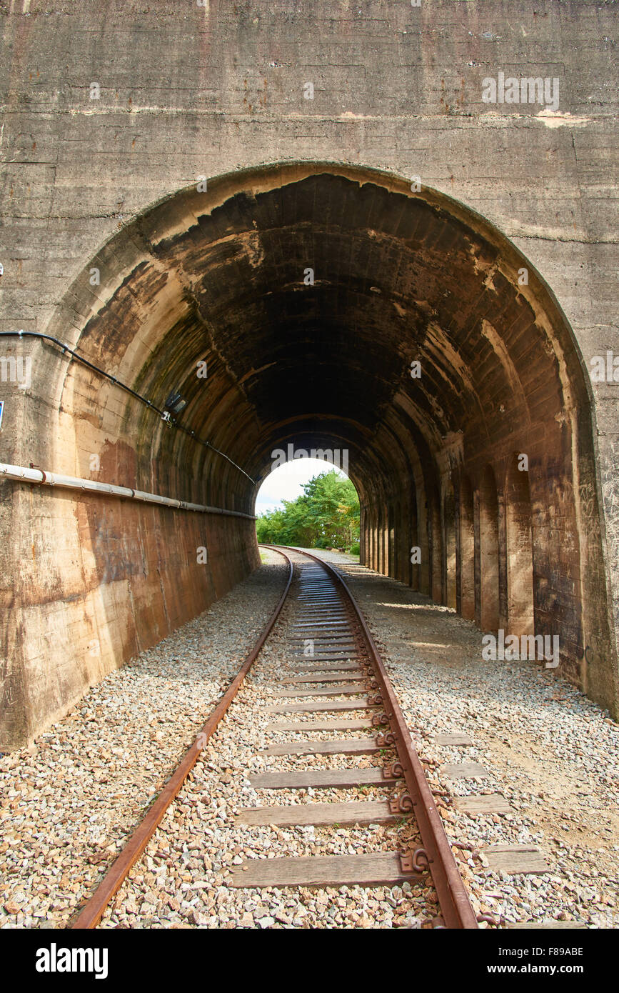 Old train tunnel and rusty train tracks. The train tracks between Haeundae and Songjeong (part of Donghae Namu line) were abando Stock Photo