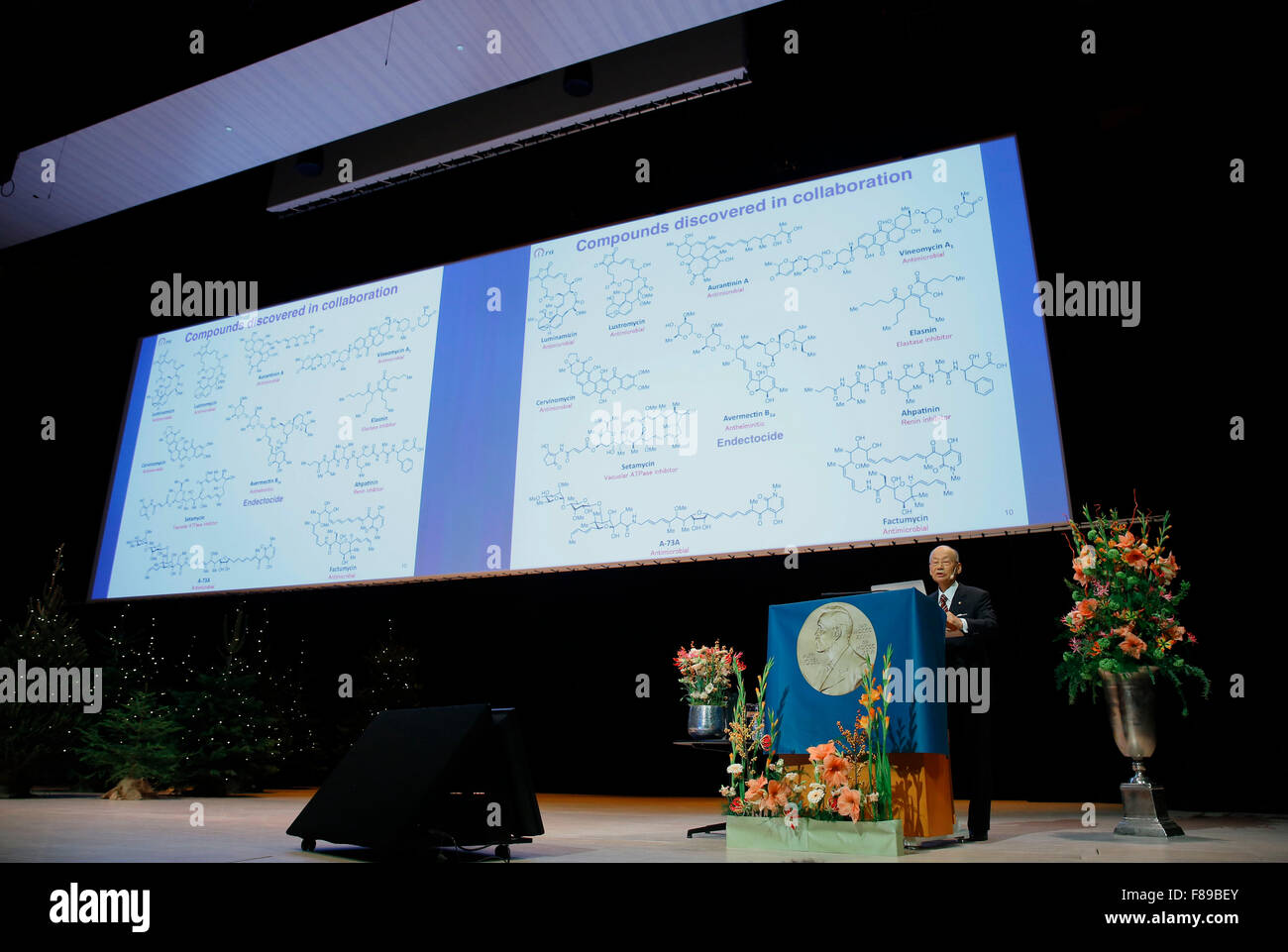 Stockholm, Sweden. 7th Dec, 2015. The 2015 Nobel Prize laureate for Physiology or Medicine Satoshi Omura addresses a lecture at Karolinska Institute in Stockholm, capital of Sweden, Dec. 7, 2015. Credit:  Ye Pingfan/Xinhua/Alamy Live News Stock Photo