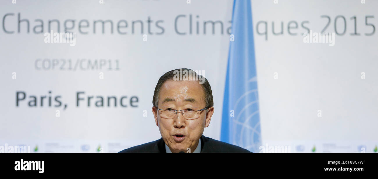 Paris, France. 7th December, 2015. UN Secretary-General Ban Ki-moon speaks at a press conference during Paris Climate Change Conference at Le Bourget on the northern suburbs of Paris, France, Dec. 7, 2015. The ministers from all over the world met at the Paris Climate Change Conference, giving final push for the new global climate agreement. Credit:  Xinhua/Alamy Live News Stock Photo