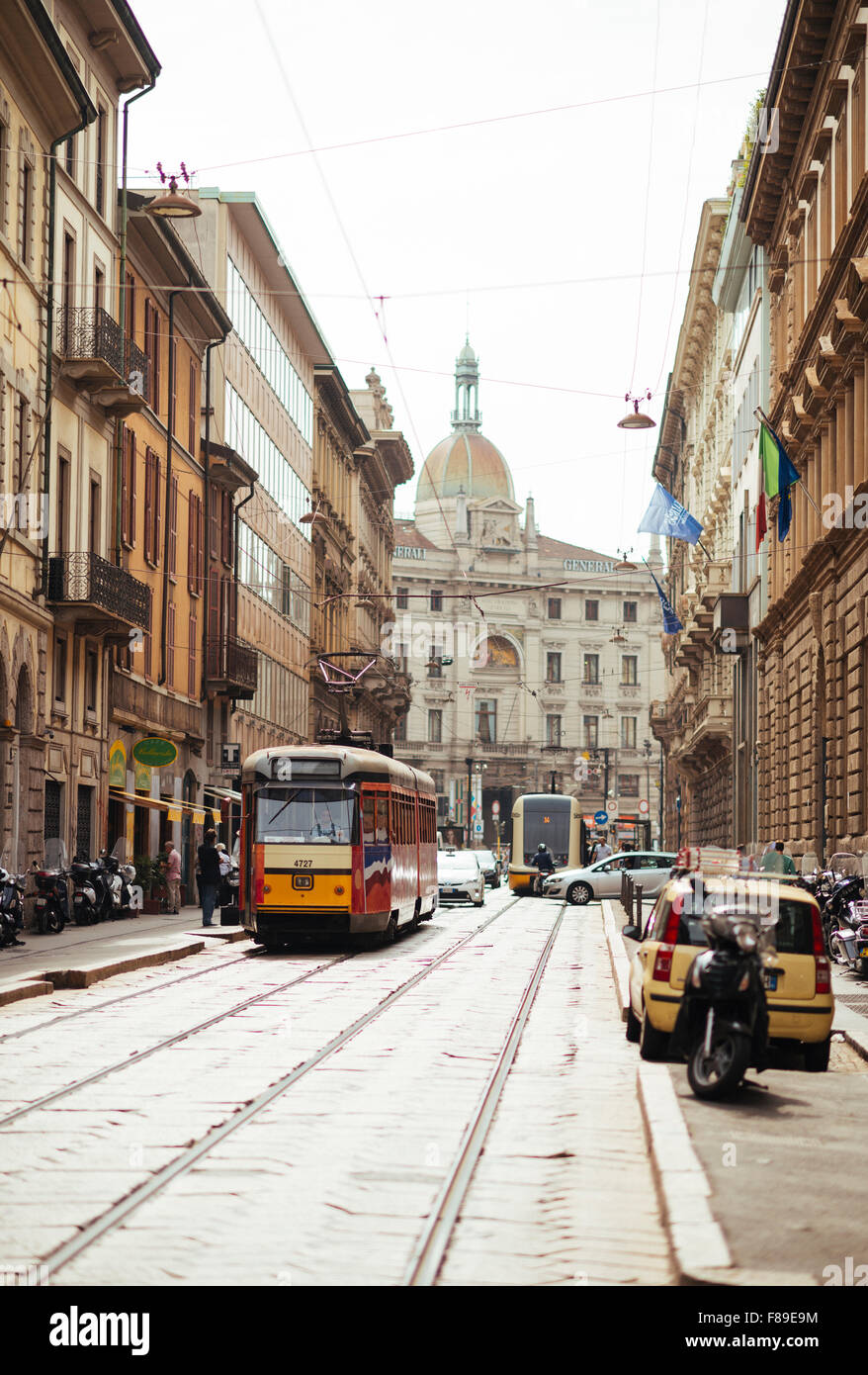 Tram on street of Milan, Lombardy, Italy Stock Photo