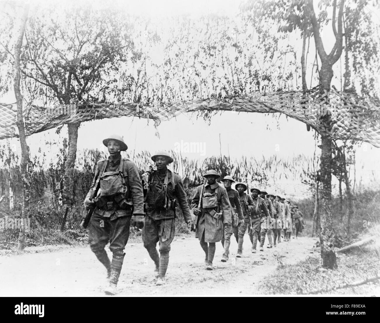 U.S. Army Infantry troops, African American unit, marching northwest of Verdun, France, in World War I Stock Photo