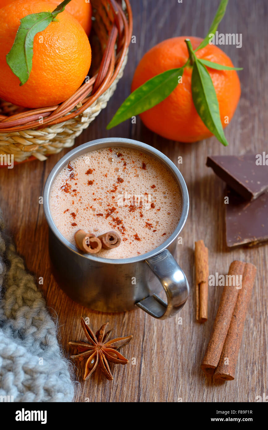 Homemade Peppermint Hot Chocolate on old wooden table Stock Photo