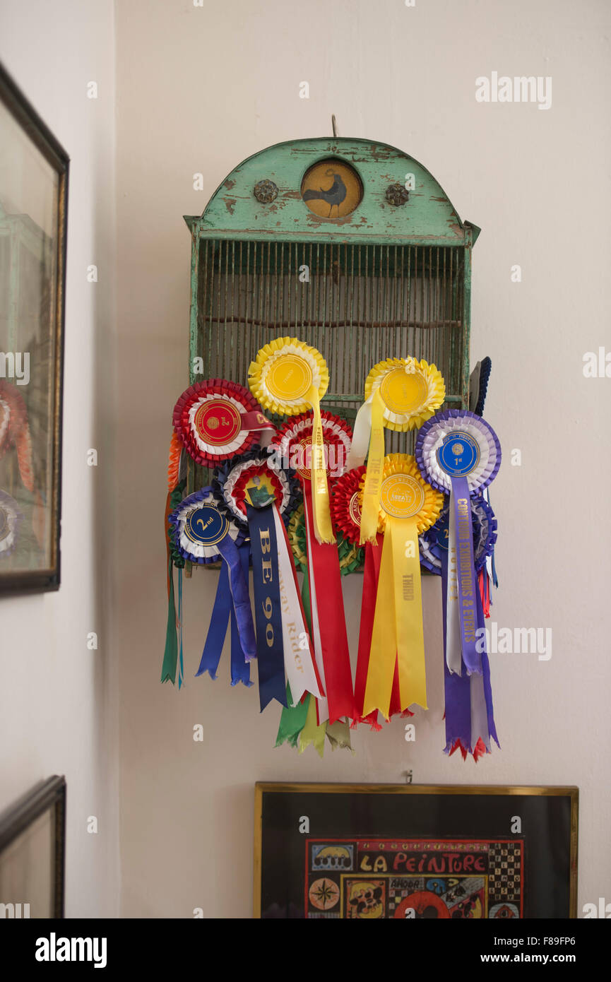 A birdcage with horse rosettes UK Stock Photo