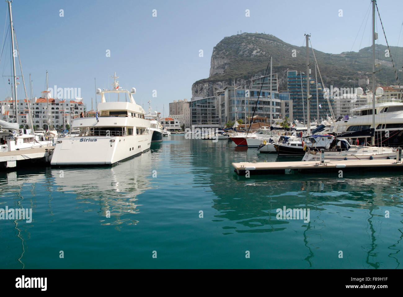 Rock of Gibraltar, northern end with harbour in the foreground. Stock Photo