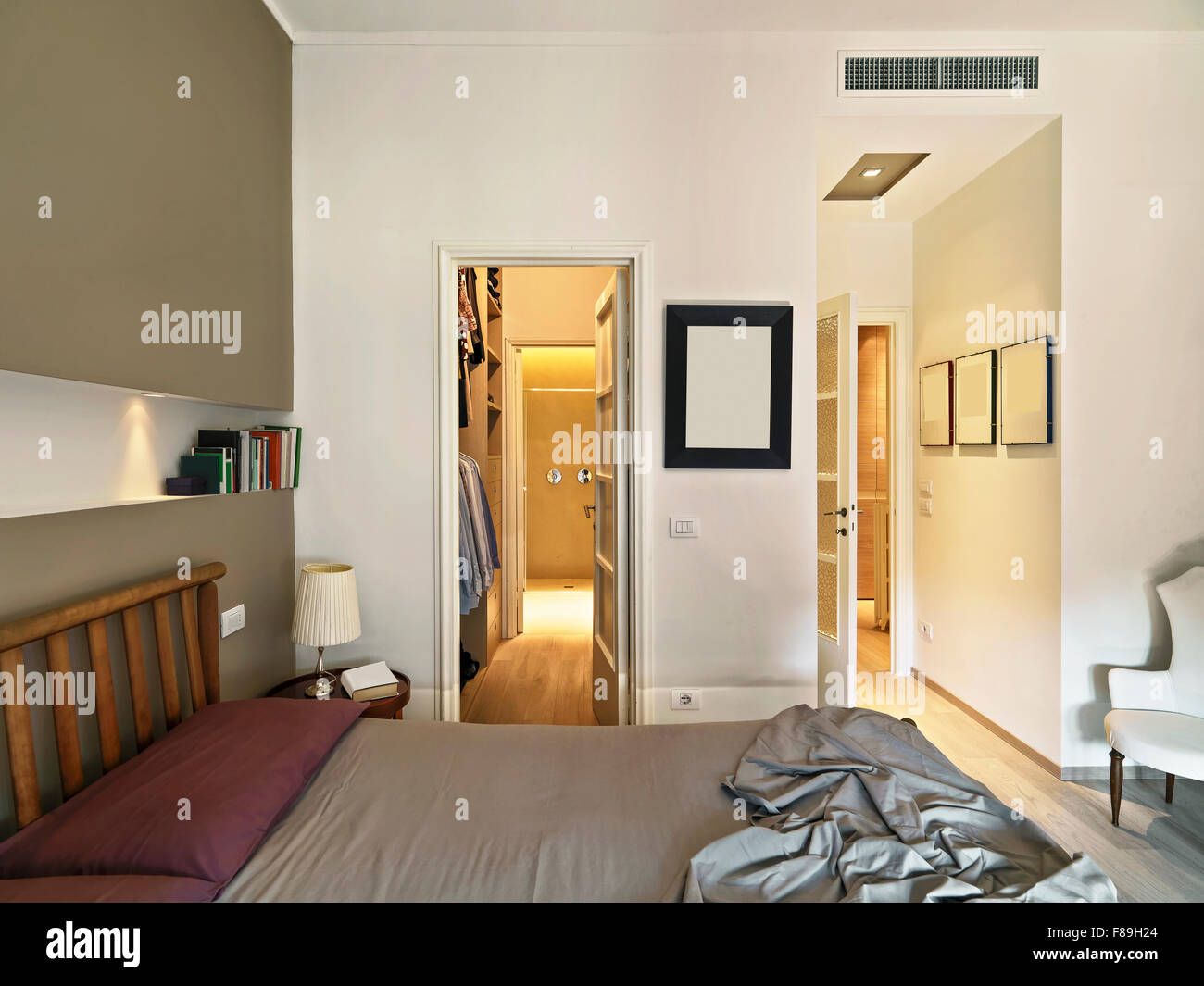 interior view of a modern bedroom overlooking on the wardrobe and ...