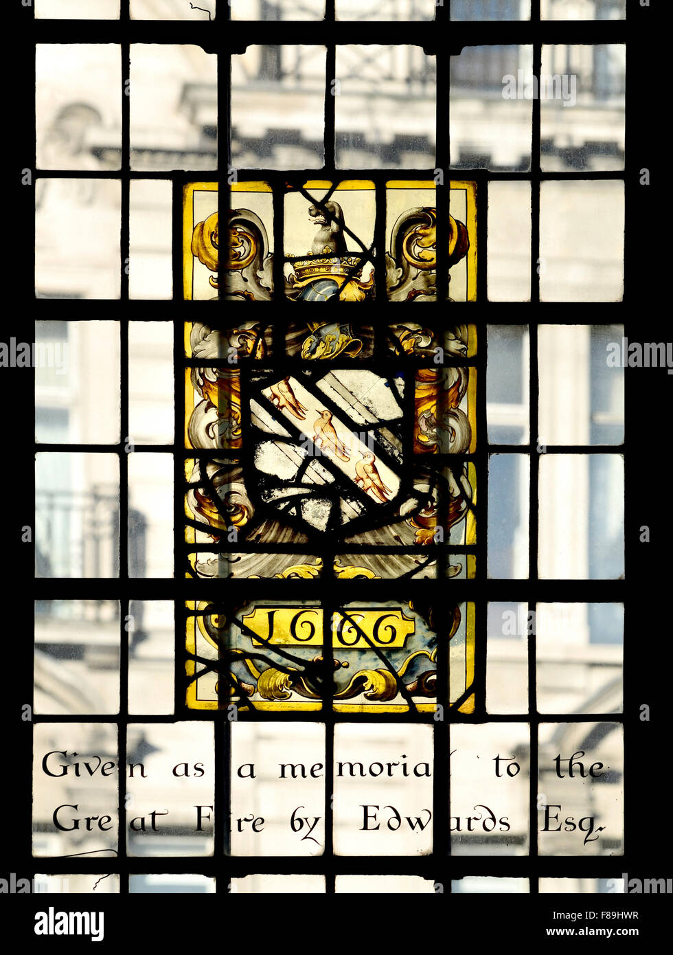 London, England, UK. Church of All Hallows by the Tower. Stained glass window commemorating the Great FIre of London, 1666 Stock Photo