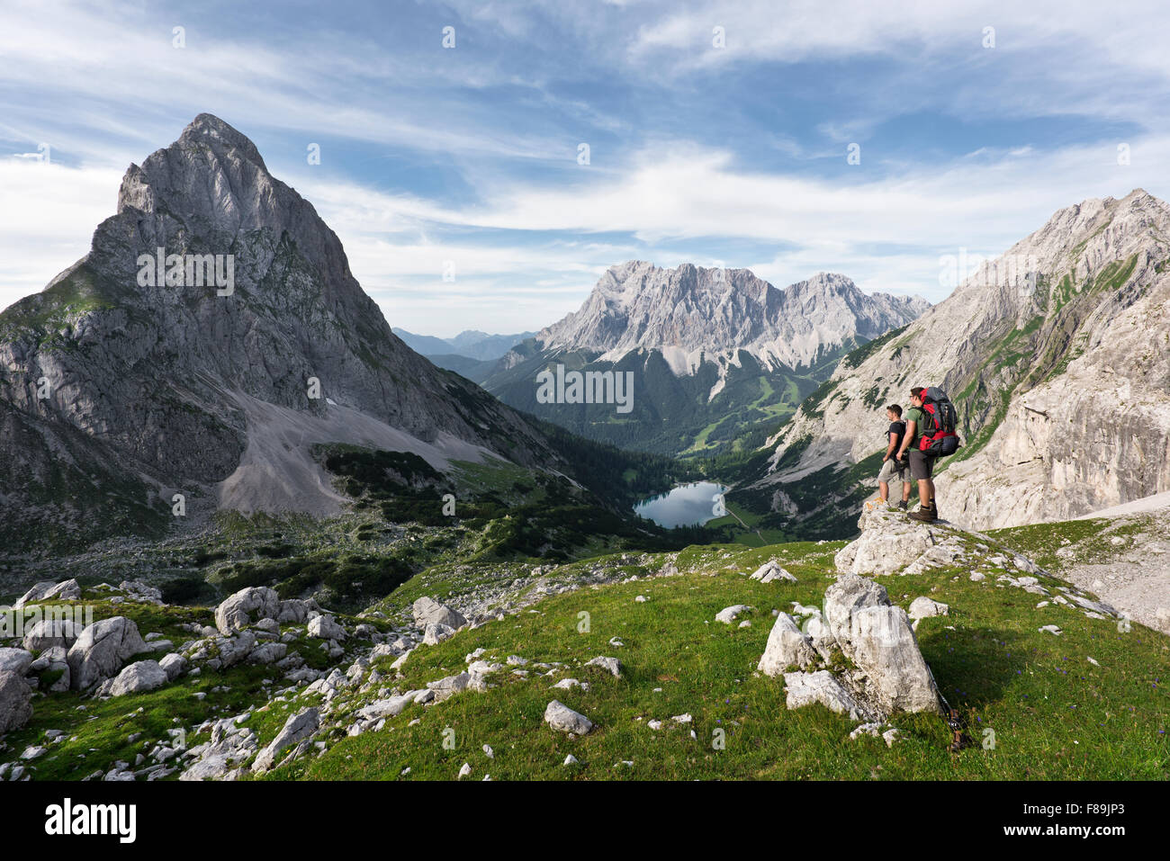 Seebensee with Zugspitze and Sonnenspitze, Wetterstein Mountains, Alps, Austria, Europe Stock Photo