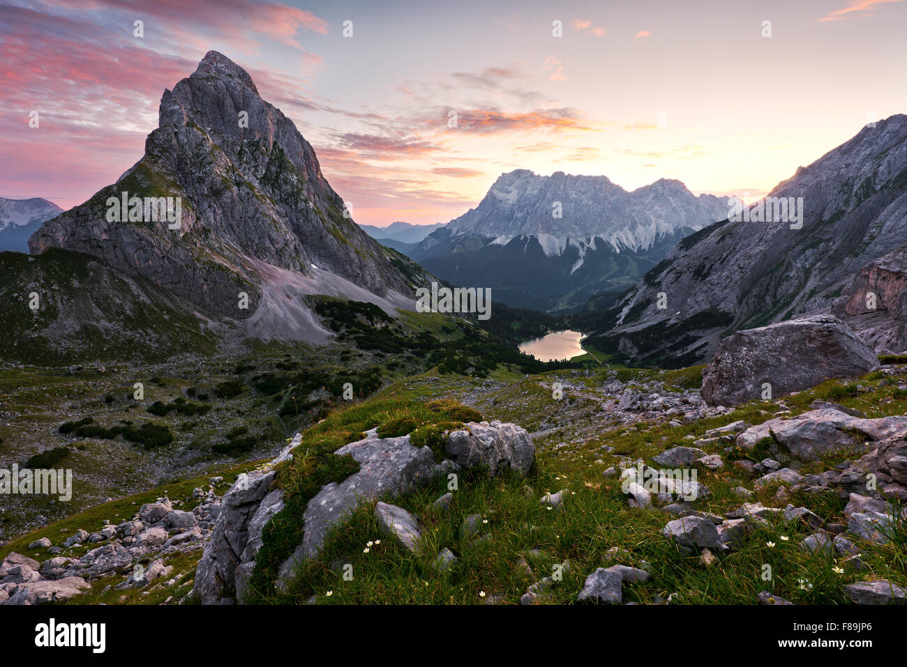 Seebensee with Zugspitze and Sonnenspitze, Wetterstein Mountains, Alps, Austria, Europe Stock Photo