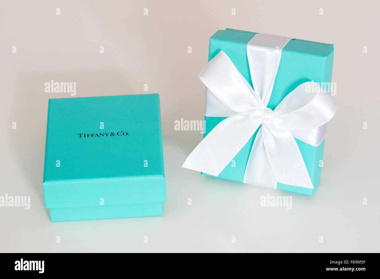 A Tiffany Blue Box (little blue box from Tiffany) from Tiffany & Co., the famous New York City jewelry company. Stock Photo