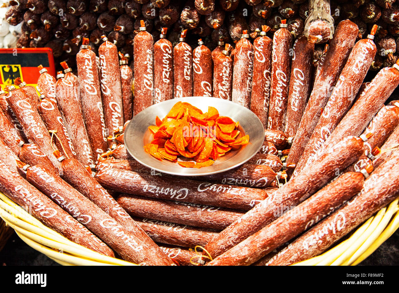 Chorizo sausage Spanish spicy sausages meat salami spiced meaty snack starter delicatessen