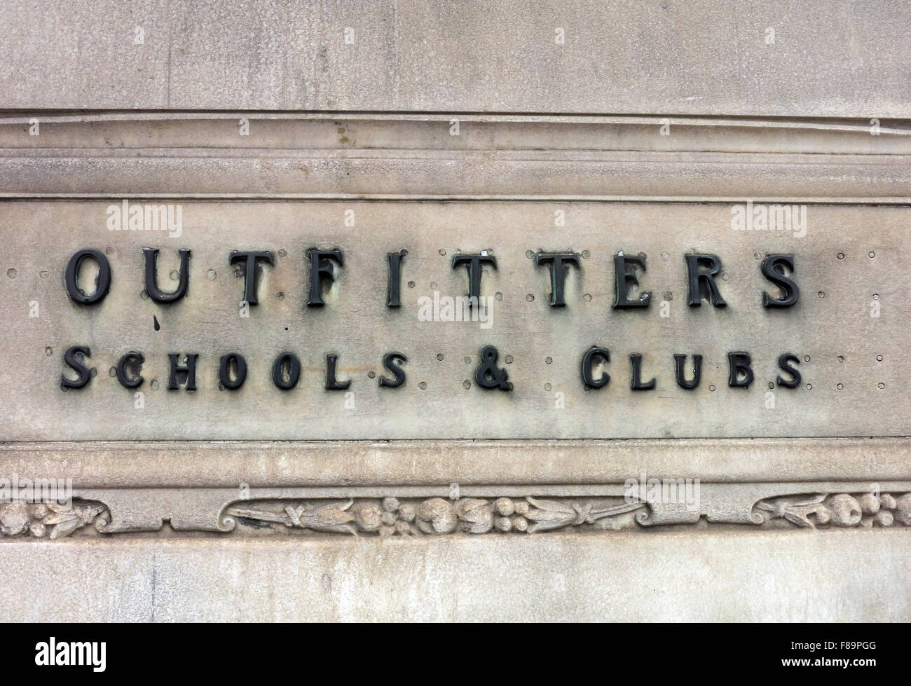 Outfitters Schools & Clubs sign at Jenners Store, Edinburgh, Scotland Stock Photo