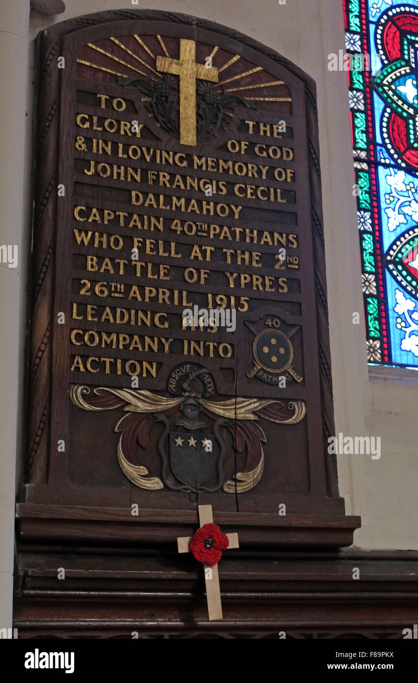 Memorial to John Francis Cecil Dalmahoy,British Army, 40th Pathans, Captain Ypres 26th April 1915, Memorial,St Johns Edinburgh Stock Photo